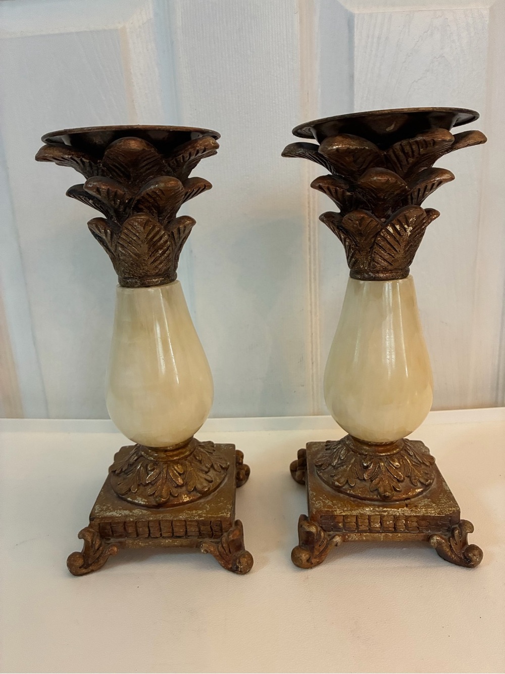 Vintage Hollywood Regency Pineapple Candle Holders Set of 2 Faux Marble Pillar